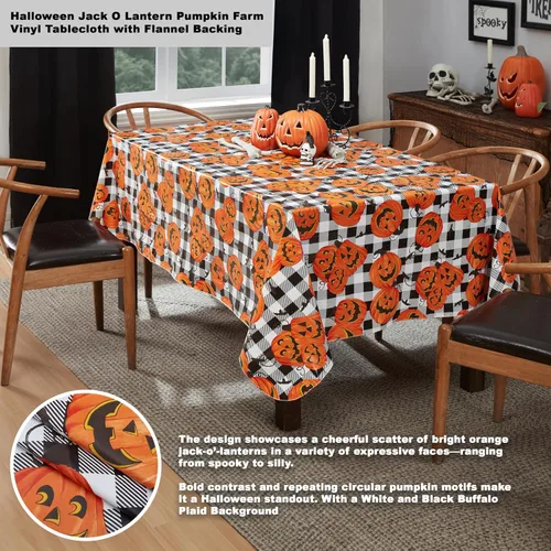 Miniatura 2 de Newbridge Mantel de vinilo con parte trasera de franela de Halloween Jack O Lantern Pumpkin Farm, diseño de calabazas y murciélagos a cuadros negros
