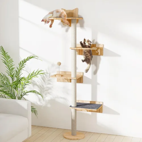 Árbol para gatos montado en la pared con 2 alfombras antideslizantes, poste rascador de sisal de 63 pulgadas de alto y estantes para gatos con bola