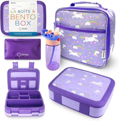 Miniatura 21 de Lonchera Bento con bolsa aislada, juego de botella de agua para niños pequeños, 5 secciones de porciones, bandeja extraíble sin BPA, almuerzos