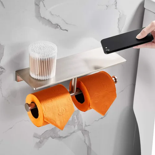 Miniatura 3 de Soporte de papel higiénico de doble rollo con estante de latón macizo y dispensador de pañuelos de estilo hotelero superior, almacenamiento