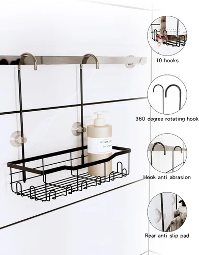 Miniatura 4 de Slizy Estante de ducha colgante, estante de almacenamiento de baño negro, organizador de puerta de baño, cesta de ducha, soporte para champú,