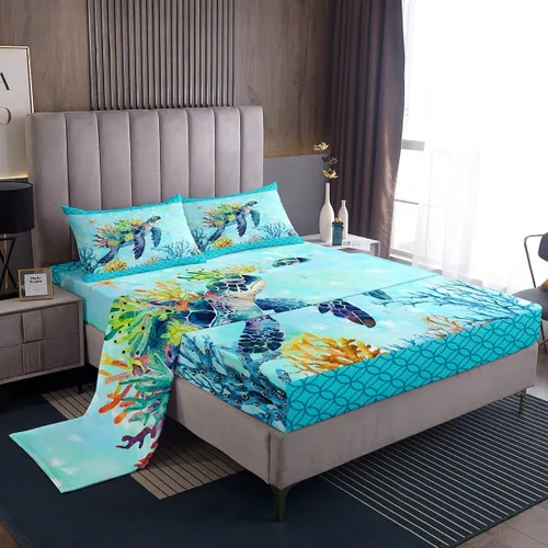 Juego de sábanas de tortuga marina en acuarela, tamaño individual, juego de sábanas con estampado floral colorido océano azul para decoración de