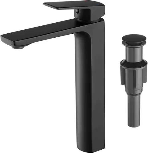 VOTON Grifo de lavabo de recipiente, grifo de baño alto negro mate, grifo de lavabo de una sola manija, grifo mezclador de lavabo de 1 orificio con