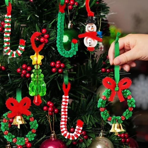Miniatura 6 de AWHETIE Manualidades de Navidad para niños y adultos, 40 juegos de kit de adornos con cuentas, incluye 20 piezas de corona con campana/5 piezas