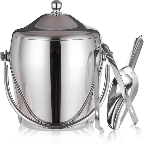 Cubo de hielo para champán con tapa de pinzas, cubo de doble pared para barra de vino, congelador con soporte y asa de transporte, cubo de acero