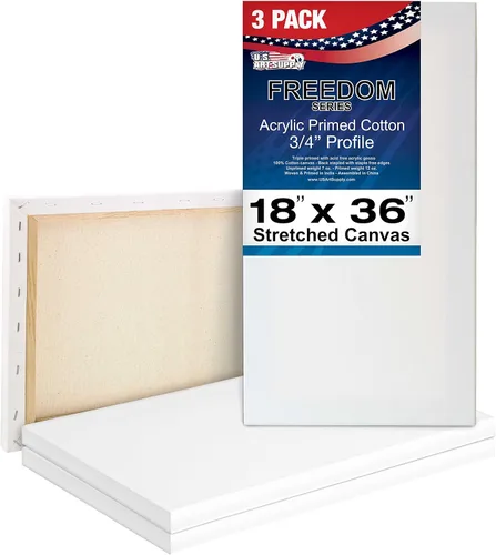 U.S. Art Supply Lienzo Estirado de 18 x 36 Pulgadas Imprimado Triple de 12 Onzas, Paquete de 3 - Calidad de Artista Profesional Blanco en Blanco