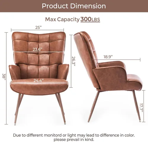 Miniatura 2 de Kosydown Silla de Acento de Cuero PU, Silla de Respaldo Alto con Alas, Asiento Individual Cómodo, Elegante Silla de Acento Capitoné para Sala