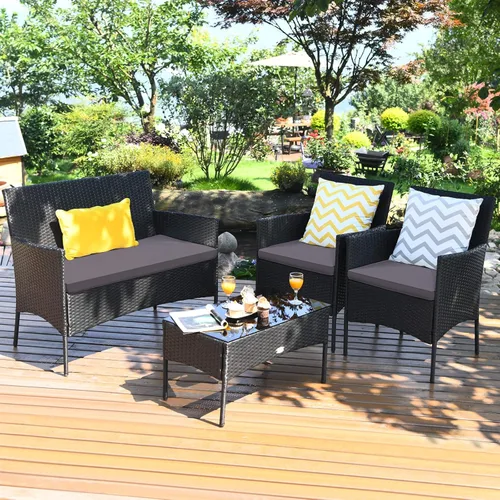Miniatura 9 de Tangkula Juego de muebles de patio de 4 piezas, juego de conversación de mimbre para exteriores con mesa de vidrio templado, juego de sofá y sillas