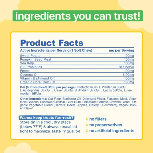 Miniatura 7 de Happy Paws Apoyo probiótico para la salud intestinal para perros, masticables suaves con probióticos, semillas de calabaza, batata, hinojo, aceite