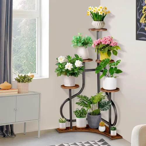 Soporte esquinero de 6 niveles, soporte para plantas de interior con base en forma de L, estante estético de metal para múltiples plantas, maceta,