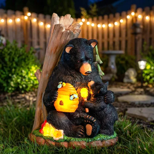 Miniatura 9 de Candieslife Estatua de jardín de oso solar con colmena brillante y cachorro, figura LED para exteriores, decoración para patio, césped, arte