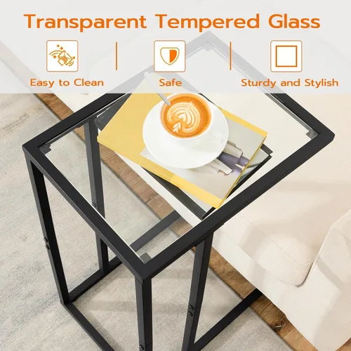 Miniatura 8 de HOOBRO Mesa auxiliar en forma de C, mesa auxiliar para sofá, mesa de sofá para espacio pequeño con vidrio templado, marco de metal, estilo moderno