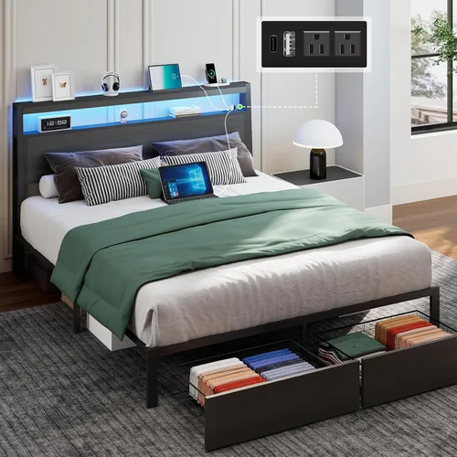 Miniatura 19 de SADENICEL Base de cama de tamaño matrimonial con almacenamiento, plataforma de cama de madera LED con cabecero, 4 cajones, estación de carga,