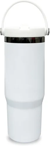 Miniatura 60 de Vaso de 30 onzas con asa superior, vaso aislado al vacío de doble pared con popote abatible, taza de café de viaje de 30 onzas con recubrimiento