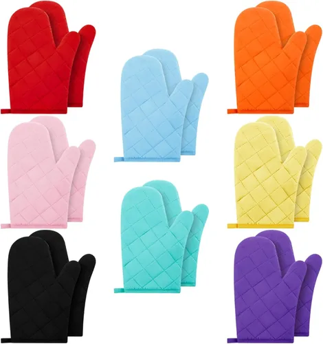Dandat 8 pares de guantes de horno acolchados con forro de tela de toalla extra largos resistentes al calor, guantes de cocina de algodón para