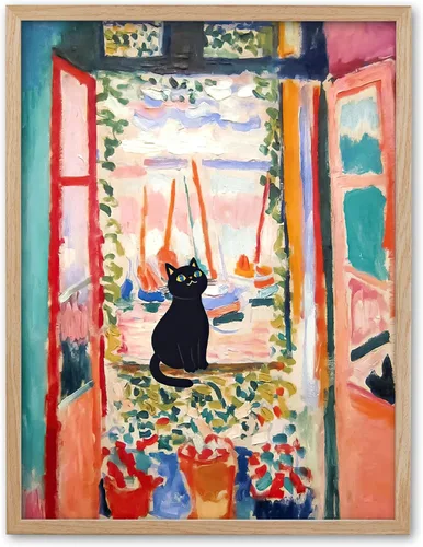 Miniatura 13 de UPWOIGH Decoración artística para pared de baño, arte divertido de pared con diseño de gato negro Are You Pooping, lienzo enmarcado de madera