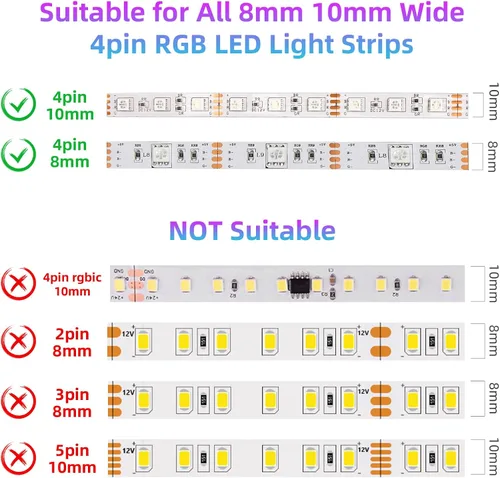 Miniatura 7 de RGBZONE Controlador LED Bluetooth RGB, controlador de tira de luces LED de música inteligente de 4 pines, control remoto IR de 40 teclas para tiras
