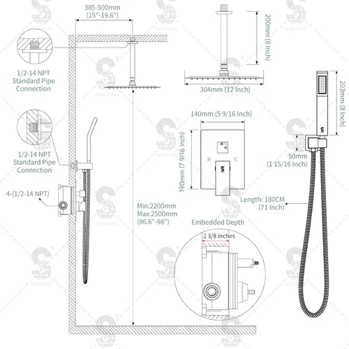 Miniatura 9 de SR SUN RISE Sistema de Ducha de Montaje en Techo de 12 Pulgadas Negro Mate, Sistema de Ducha de Lluvia de Lujo para Baño, Mezclador, Juego