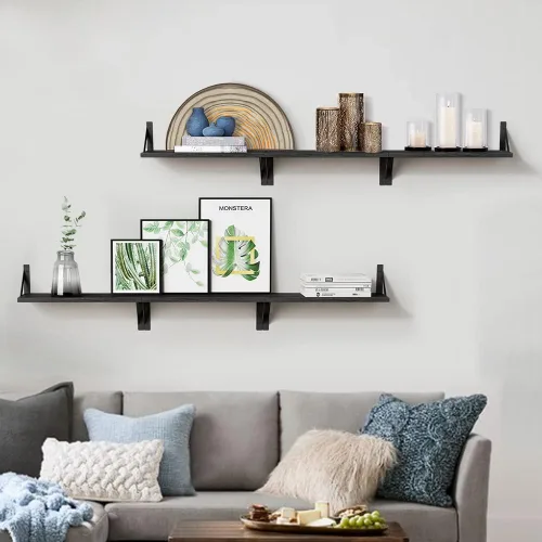 Miniatura 4 de Forbena Juego de 3 estantes flotantes negros para baño, estantes de madera para libros, estante rústico para almacenamiento, organizador de baño