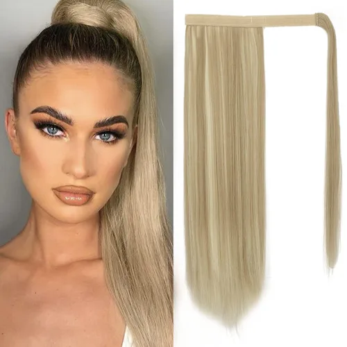 Miniatura 50 de BARSDAR Extensión de cola de caballo de 28 pulgadas largo recto envoltura alrededor del clip en pelo de fibra sintética para mujeres, negro
