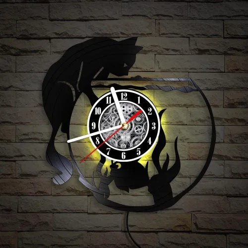 Miniatura 6 de The Geeky Days Reloj de pared con iluminación LED de gato negro con pecera, lámpara de noche para guardería, habitación de niños, gatito juguetón