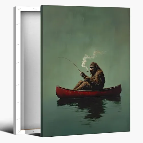 Miniatura 11 de Póster de lienzo retro de Sasquatch, divertido pie grande en una canoa roja, pesca verde esmeralda, arte de pared, diseño de casa de lago, vintage