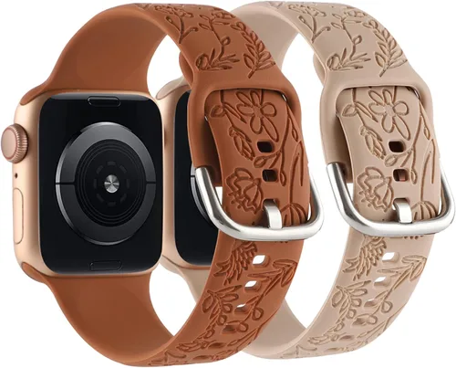Miniatura 3 de Paquete de 2 correas deportivas grabadas con flores compatibles con correas de Apple Watch de 1.496 pulgadas, 1.575 pulgadas, 1.614 pulgadas, Nogal
