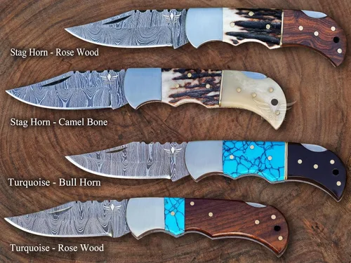 Miniatura 6 de Cuchillo de bolsillo de damasco personalizado para hombres - Cuchillo plegable de caza de acero sólido de 133 capas hecho a mano con afilador y azul