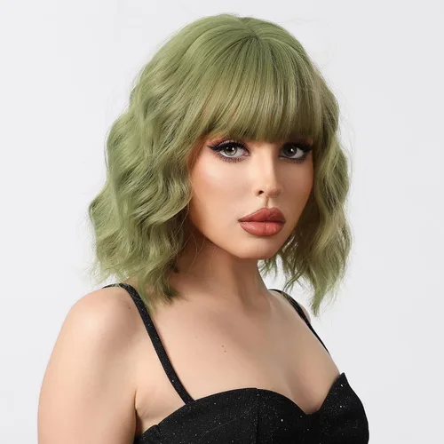 Miniatura 2 de BERON Pelucas cortas verdes para mujer, peluca rizada ondulada con flequillo para niñas, pelucas de cabello de color verde aguacate, peluca
