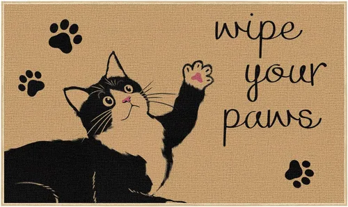 Louise Maelys Wipe Your Paws - Tapete de bienvenida antideslizante, divertido tapete delantero de gato negro para primavera y verano, tapete de