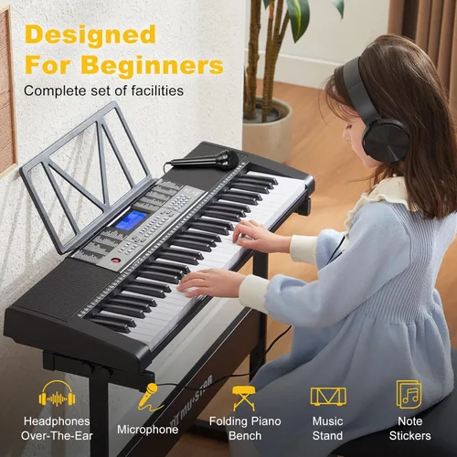 Miniatura 3 de Teclado de piano de 61 teclas, piano eléctrico con teclas iluminadas, 255 tonos/ritmos, sistema de aprendizaje inteligente, auriculares, micrófono