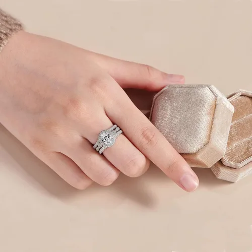 Miniatura 5 de Newshe Jewellery Juego de anillos de compromiso ovalados para mujer AAAAA con circonita cúbica 925 de plata de ley 925, juego de anillos de novia