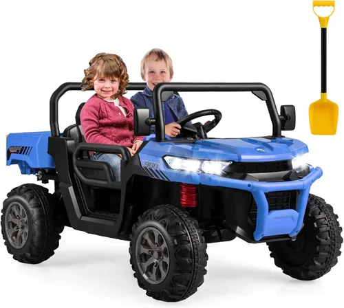 Costzon Camión volquete con control remoto, UTV eléctrico de 12 V para niños con cama volquete eléctrica, función de balanceo, pala, 4 suspensiones