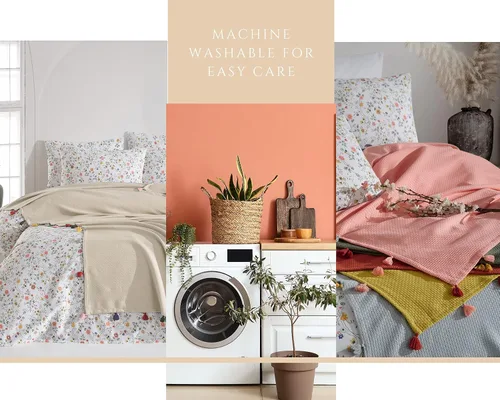 Miniatura 8 de Manta 100% algodón, suave, lisa y duradera, para sofá, cama, estilo piqué con decoración de pompones, mantas de algodón tamaño Queen, ideal