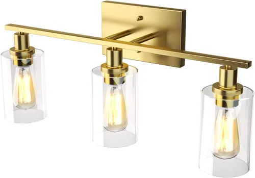Miniatura 12 de Tangkula Lámparas de tocador de baño de 3 luces, apliques de pared modernos con pantalla de vidrio transparente con base E26, iluminación de pared