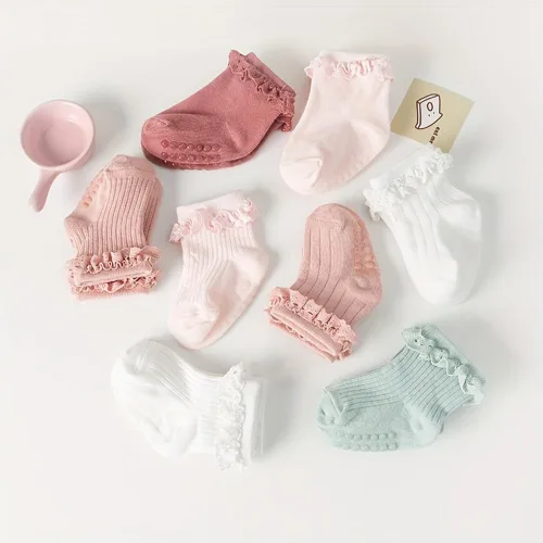 Miniatura 3 de 5 pares de calcetines antideslizantes antideslizantes para bebés y niñas pequeñas de encaje con rayas de flores