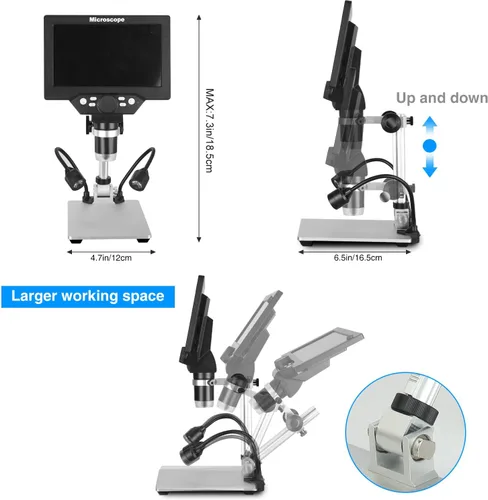 Miniatura 3 de Koolertron Microscopio digital de 12 MP de 7 pulgadas, aumento de 1200X, cámara USB 1080P, tarjeta TF de 32 GB, vista de PC, recargable, luces LED