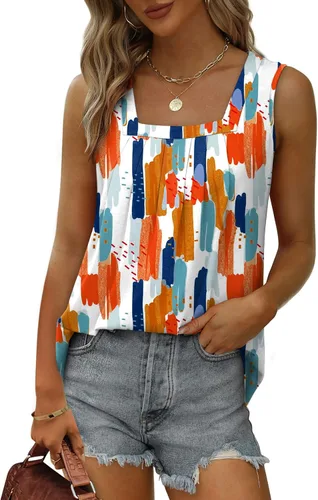 Miniatura 52 de Saloogoe - Camisetas sin mangas veraniegas para mujeres, plisadas con cuello cuadrado y dobladillo curvado, blusas de ajuste holgado con movimiento