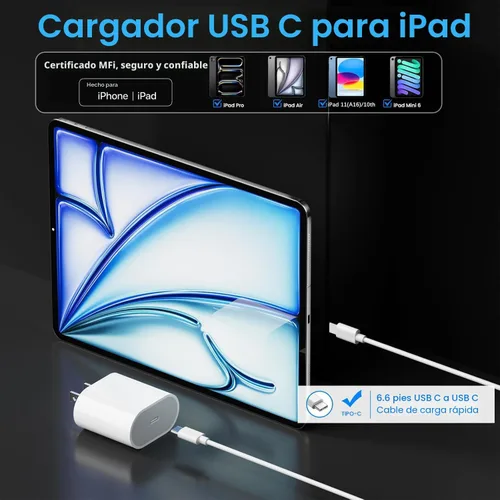 Miniatura 2 de Cargador rápido USB C de 20 W para Apple iPad Pro de 13/12.9/11 pulgadas, iPad A16/10ª generación, iPad Air de 11/13 pulgadas/5ª/4ª, iPad mini 6/7