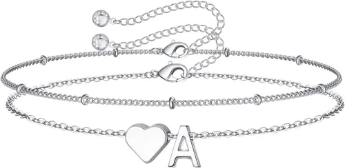 Miniatura 29 de M MOOHAM Pulseras de oro con inicial de corazón para mujer, pulseras con dije de letra A-Z de corazón dorado en capas para mujer, pulseras