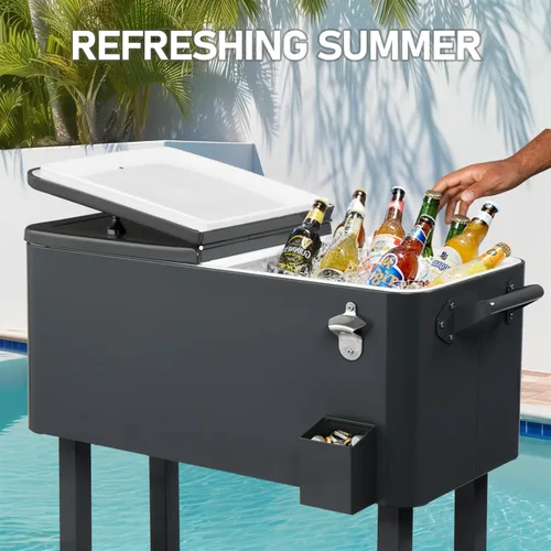 Miniatura 7 de Outvita Hielera Rodante de 80 Cuartos, Enfriador Portátil de Bebidas para Bar con Bandeja Colectora, Bandeja de Almacenamiento Inferior y Gris-oscuro