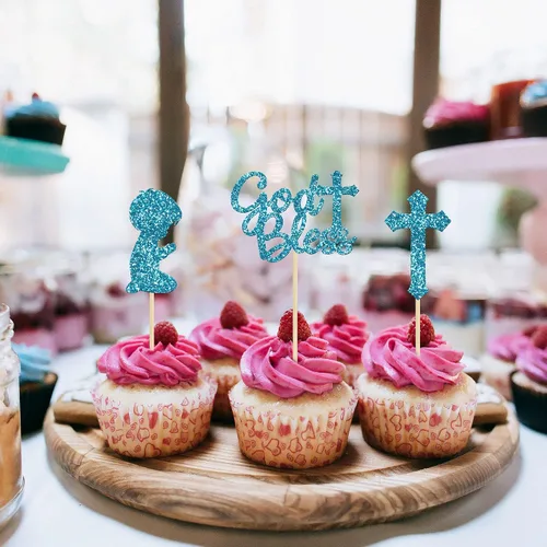 Miniatura 7 de Gyufise 24 piezas de decoración de cupcakes con purpurina azul que Dios bendiga y cruz, decoración de pastel para baby shower, bautismo, fiesta