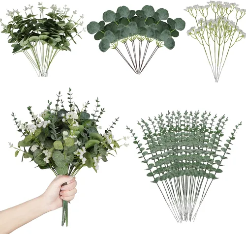 Coreland Hojas artificiales de eucalipto, 120 unidades, 4 tipos mixtos de hojas de eucalipto de plata falsas, tallo con Babysbreath, hojas
