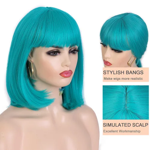 Miniatura 2 de Lady Miranda Peluca verde azulado corta Bob con flequillo para mujer, resistente al calor, peluca sintética turquesa de 12 pulgadas, peluca