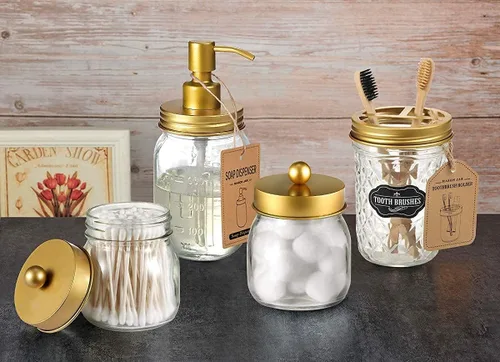 Miniatura 8 de Amolliar Juego de accesorios de baño de 4 piezas y 2 tarros de masón dorados, 3 dispensadores de jabón de loción y 2 soportes para hisopos
