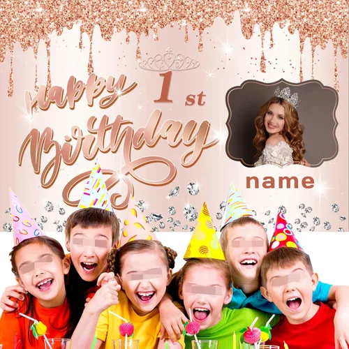 Miniatura 5 de Cartel personalizable de oro rosa para decorar el primer cumpleaños con nombre y foto MGJB-NLK-1er