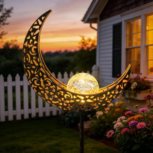 Homeimpro - Lámpara solar de jardín para exteriores, luna y cristal, luz de metal, resistente al agua, luz blanca cálida, para césped, patio o