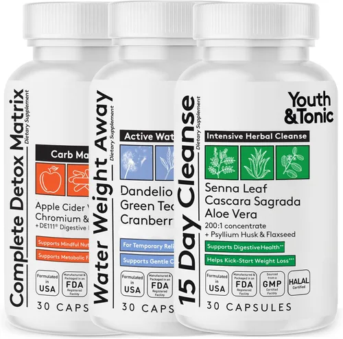 Youth & Tonic Paquete de 3 desintoxicantes de limpieza - Limpiador de colon y apoyo para la pérdida de agua - Control de peso de 15 días para