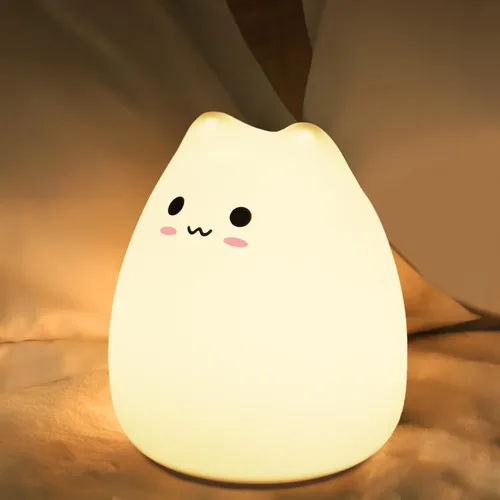 Luz nocturna LED para gatos, luz nocturna alimentada por pilas para niños, bonita lámpara multicolor de silicona con blanco cálido y modo de