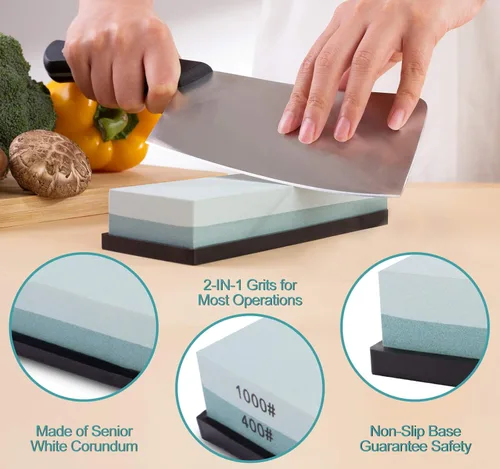 Miniatura 3 de Piedra de afilar cuchillos 400/1000 piedra de afilar con base de goma antideslizante para cocina, caza y cuchillos de bolsillo o cuchillas